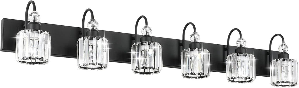 Ralbay Modern 6-Light Black Crystal Vanity Lights for Bathroom - Matte Black Crystal Wall Light Fixtures