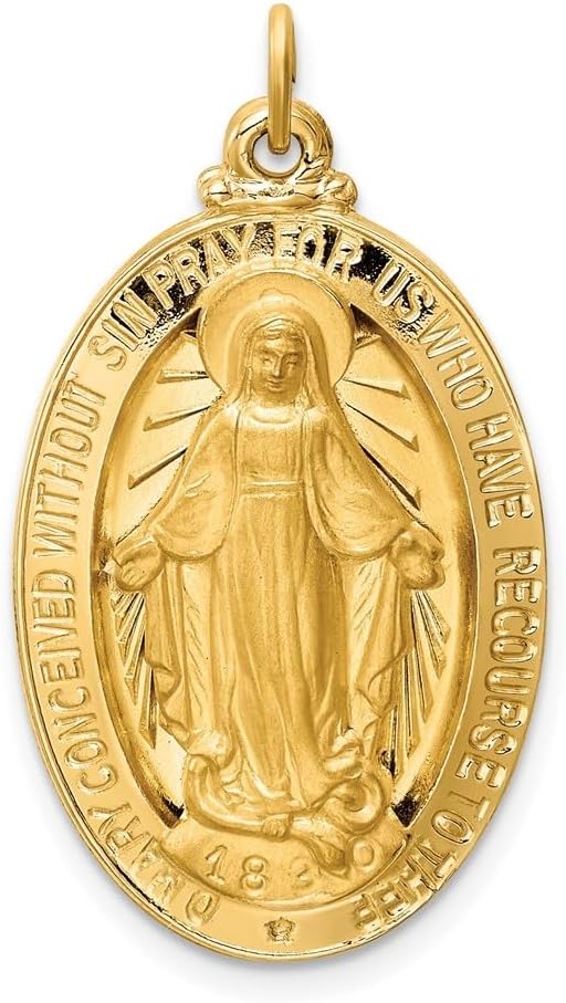 Diamond2Deal 14k Yellow Gold Satin Large 3-D Oval Miraculous Medal Pendant (L- 32 mm W- 18 mm)