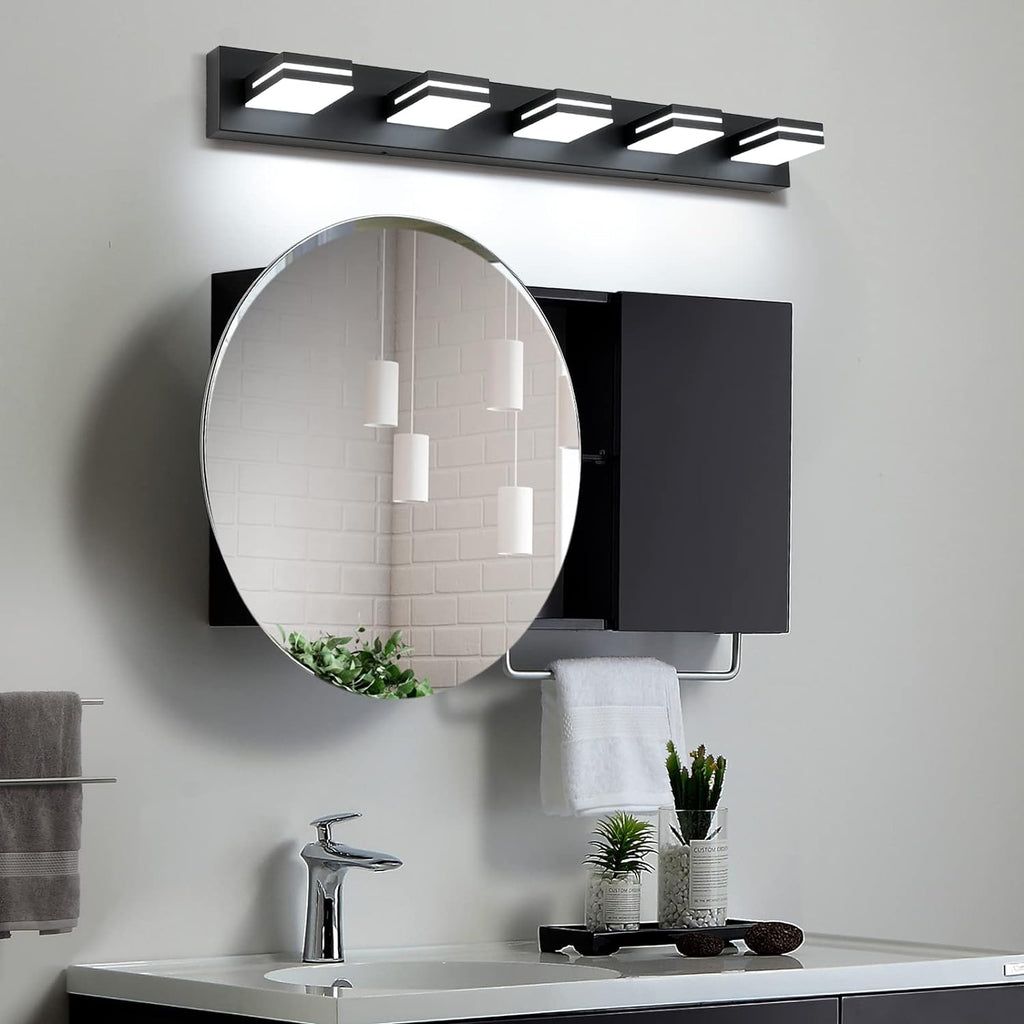 SineRise LED Modern Bathroom Vanity Light Fixtures (5-Light, 40-Inch), Matte Black Modern Acrylic Bathroom Wall Lighting Fixtures Over Mirror (Cool White 6000K)