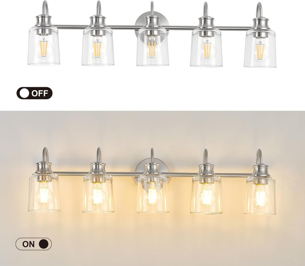 5 Lights Bathroom Light Fixtures Modern Brushed Nickel Vanity Lights for Bathroom Lighting Fixtures Over Mirror with Clear Glass Shade for Cabinet Mirror Bedroom Hallway