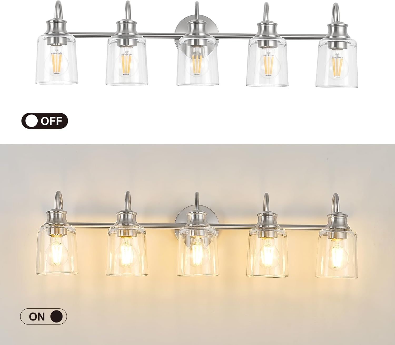 5 Lights Bathroom Light Fixtures Modern Brushed Nickel Vanity Lights for Bathroom Lighting Fixtures Over Mirror with Clear Glass Shade for Cabinet Mirror Bedroom Hallway
