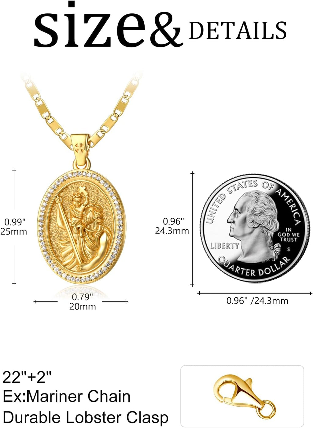 Patron Saint Medals, 14K Gold Catholic Pendant Necklaces, Personalized Christian Jewelry Religious Gifts for Women with 22'+2' Mariner Chain