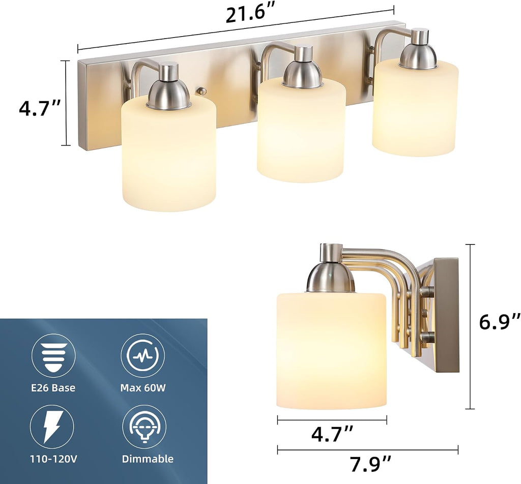Mecgirn Stainless Steel Milk Glass Bathroom Vanity Light Over Mirror, 3 Light Brushed Nickel Bathroom Light Fixtures with Frosted Glass, Modern Vanity Lighting Wall Mount