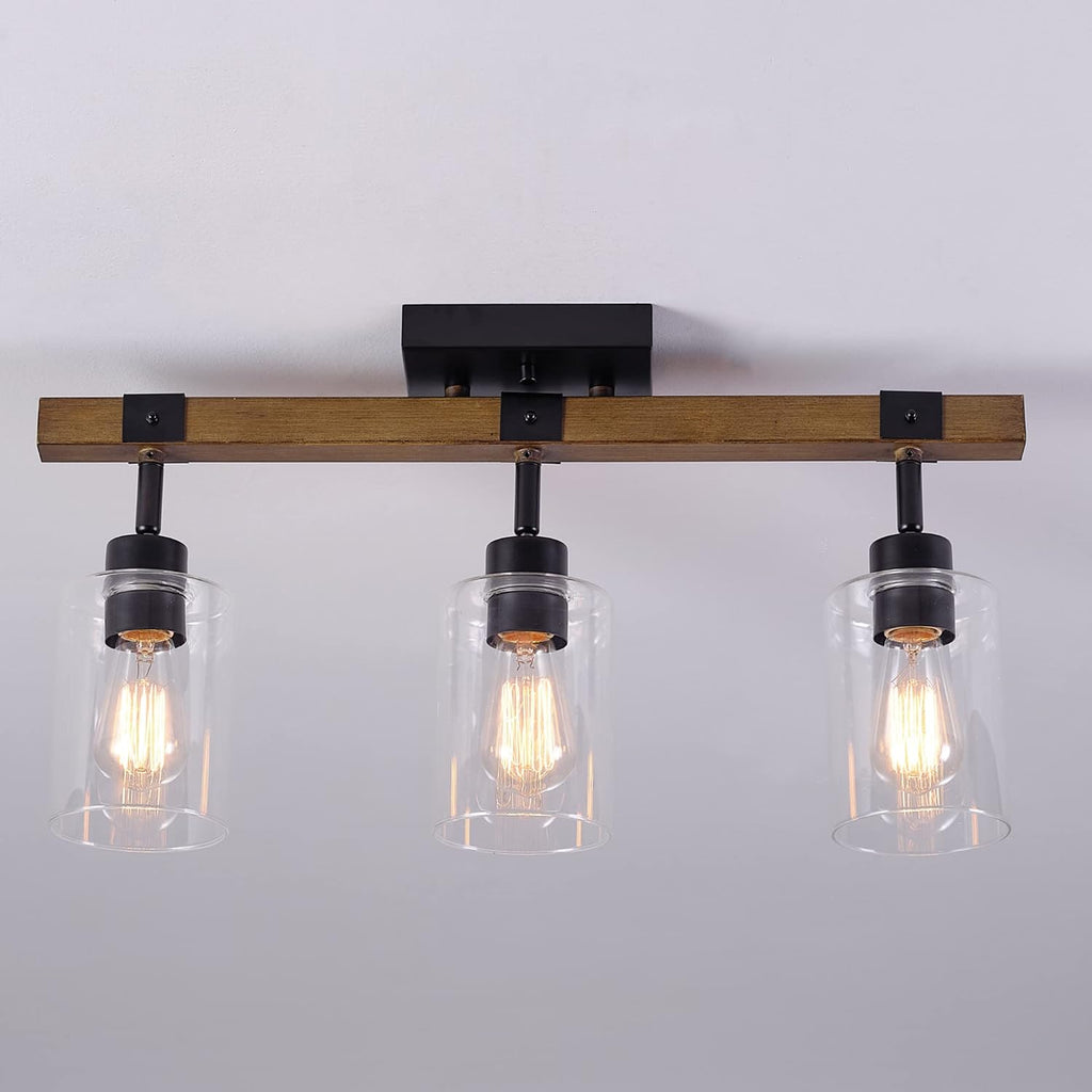 Globe Electric 57502 3-Light Track Lighting, Wood Toned, Matte Black Accents, Clear Glass Shades, Pivoting Heads, Modern Farmhouse, Ceiling Light for Kitchen Island and Dining Room Table