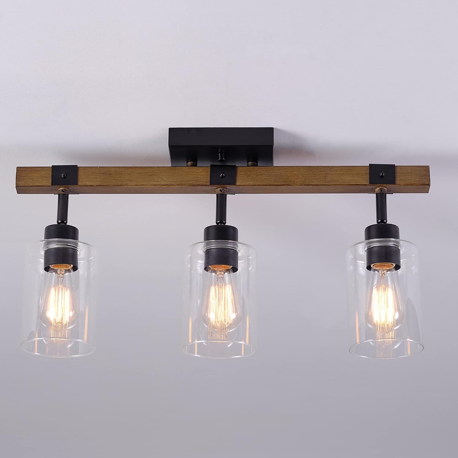 Globe Electric 57502 3-Light Track Lighting, Wood Toned, Matte Black Accents, Clear Glass Shades, Pivoting Heads, Modern Farmhouse, Ceiling Light for Kitchen Island and Dining Room Table