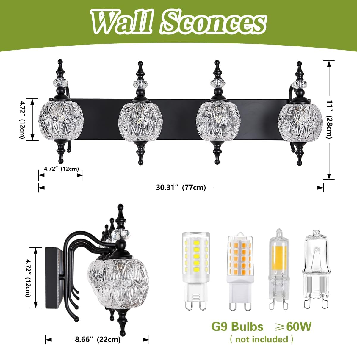 Black 4 Lights Bathroom Vanity Light Fixtures, Modern Bathroom Vanity Lights Painted Black Surface with Thick Crystal Glass Shade, Wall Sconces for Bathroom Bedroom