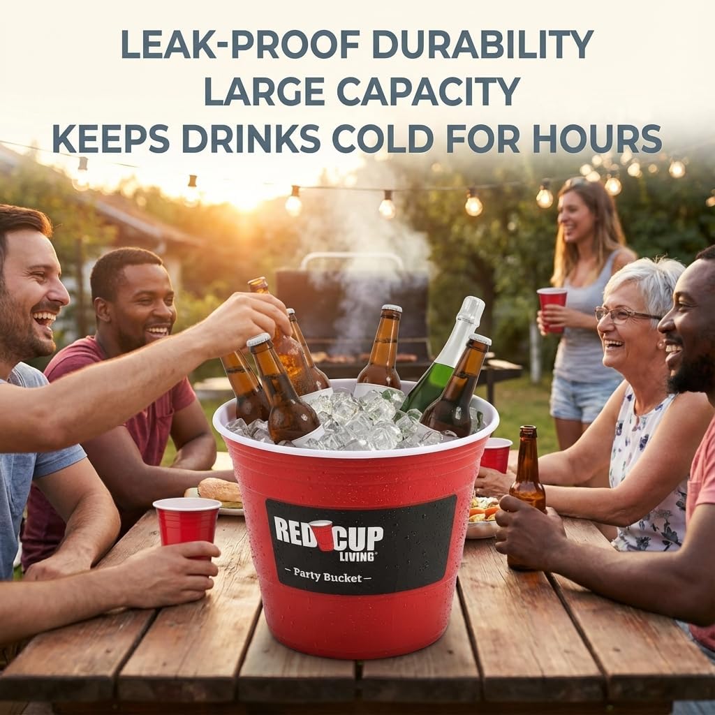 Red Cup Living Large Party Ice Bucket, 201 oz Insulated Drink Cooler for Parties, Bar & Kitchen, Durable Plastic Beer, Wine & Champagne Beverage Tub for Holiday (18)