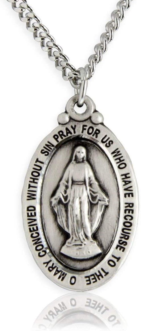 Heartland Store Oval Sterling Silver Miraculous Medal Necklace for Men - Tarnish Resistant, Handcrafted in the USA - Meaningful Religious Pendant- Ideal Present- 24-Inch Endless Rhodium Chain