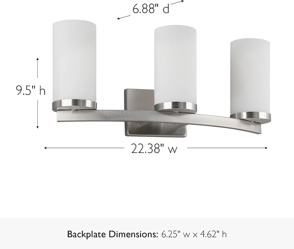 Design House Desta Vanity Light, 3-Light, Curved Bar Design, Frosted Glass Glow, Dimmable, Up/Down Mountable, E26 Socket, Satin Nickel, 22.4 in L x 6.9 in W x 9.5 in H, 589150-SN