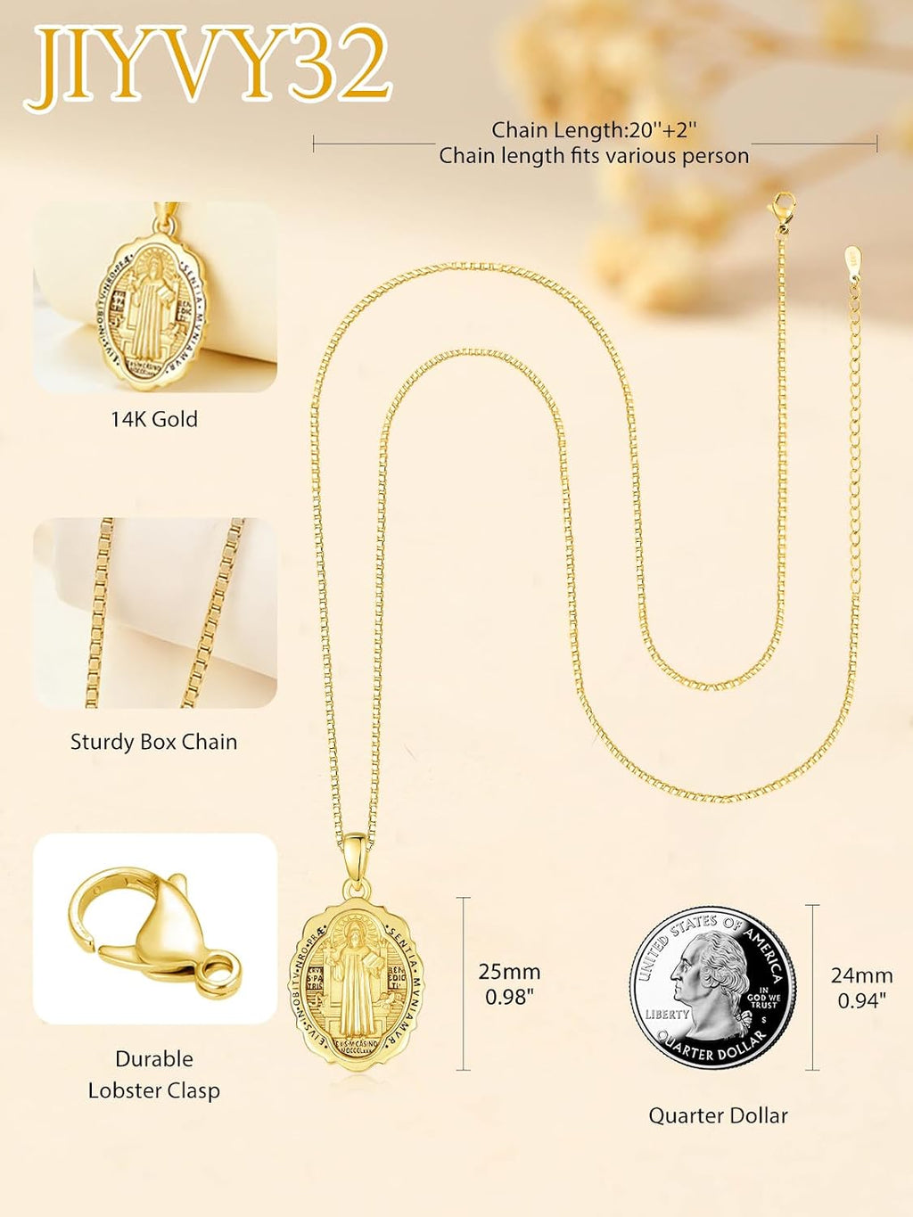14K Gold Saint Medal Necklace for Women, Catholic Patron Saint Pendant Necklace, Christian Religious Jewelry Gift for Confirmation Baptism Communion Christmas Birthday