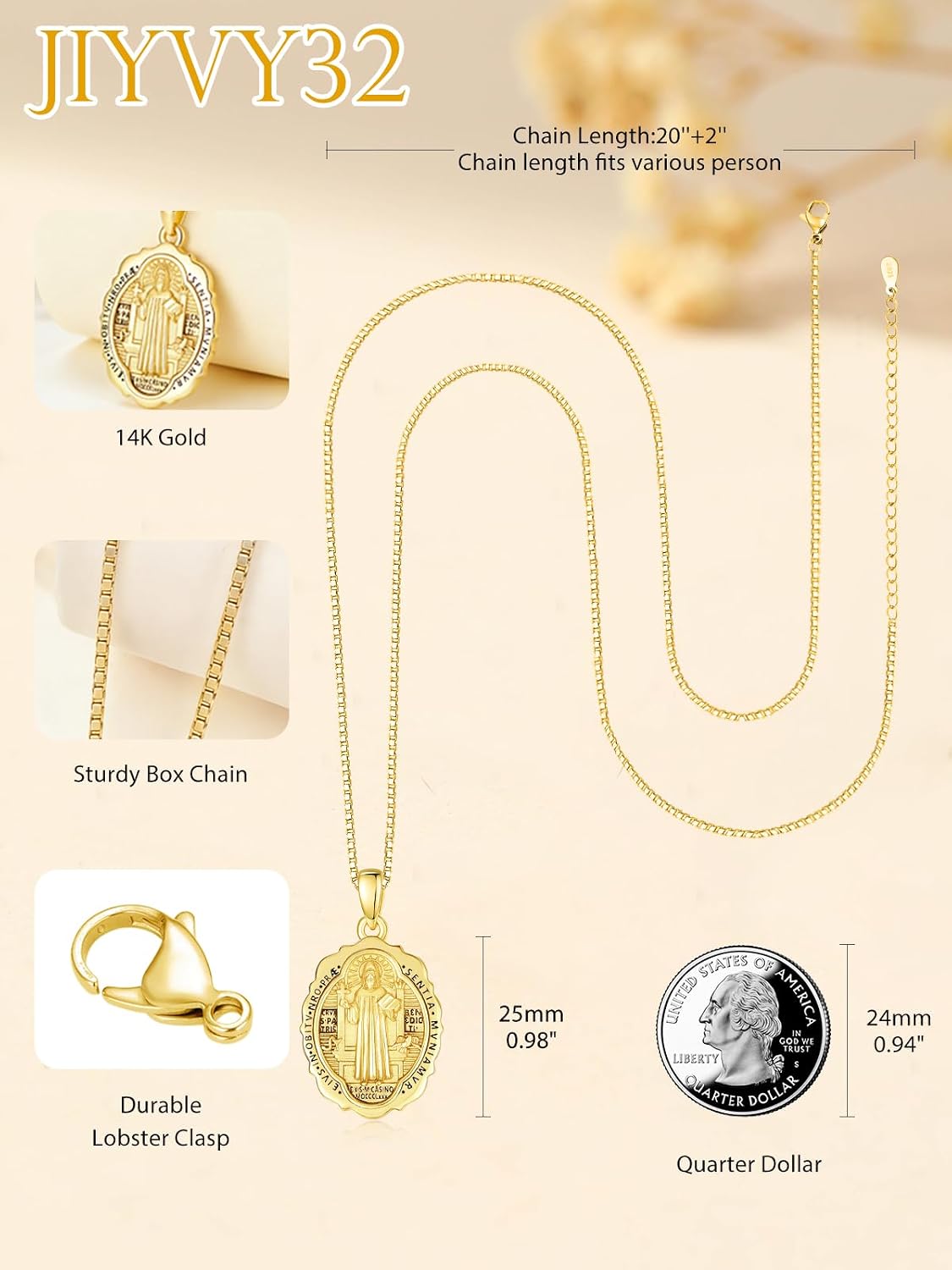 14K Gold Saint Medal Necklace for Women, Catholic Patron Saint Pendant Necklace, Christian Religious Jewelry Gift for Confirmation Baptism Communion Christmas Birthday