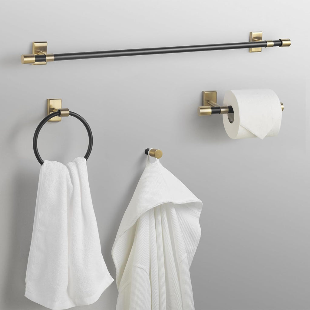GLOBE Electric 63000058 5-Piece All-in-One Bathroom Accessory Set, Brass & Black, 3-Light Vanity Light, Towel Bar, Toilet Paper Holder, Towel Ring, Robe Hook, Bathroom Lights Over Mirror