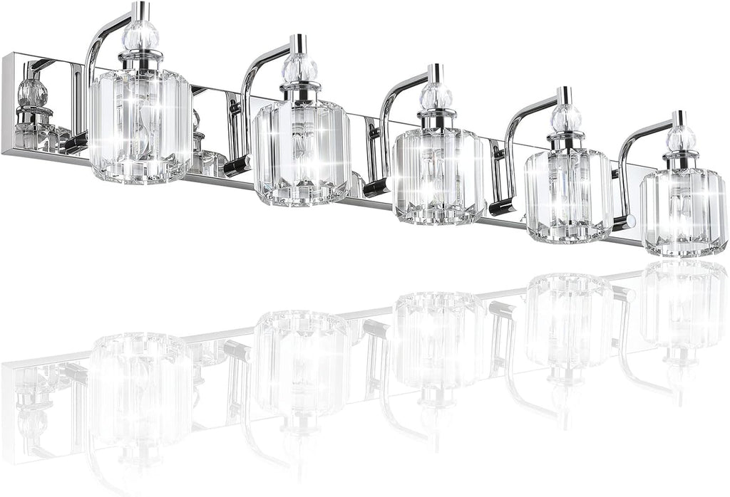 Ralbay Modern Crystal Vanity Lights 5 Light 40' Modern Crystal Bathroom Lights Fixtures Over Mirror Stainless Steel Chrome Vanity Light for Bathroom Wall Lights Fixtures