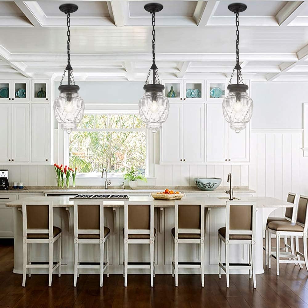 DSMJFU Black Glass Ceiling Pendant Light Kitchen Island Lighting Farmhouse Vintage Hanging Light Fixture for Dining Room, Entryway, Bathroom,Sink, Breakfast Nook