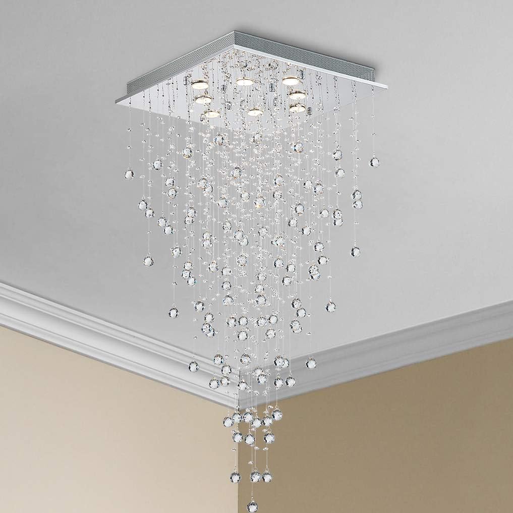 Bestier Modern Crystal Square Raindrop Chandelier Lighting Flush Mount LED Ceiling Light Fixture Pendant Lamp for Dining Room Bathroom Bedroom Livingroom 8 GU10 Bulbs Required 22 in Wide 47 inch High