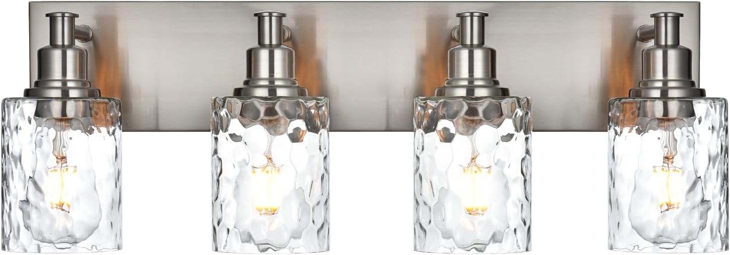 BONLICHT 4-Light Bathroom Vanity Light Fixture Brushed Nickel Industrial Wall Sconce Lighting with Hammered Glass Shade for Living Room Bedroom Hallway Porch Workshop Dressing Table