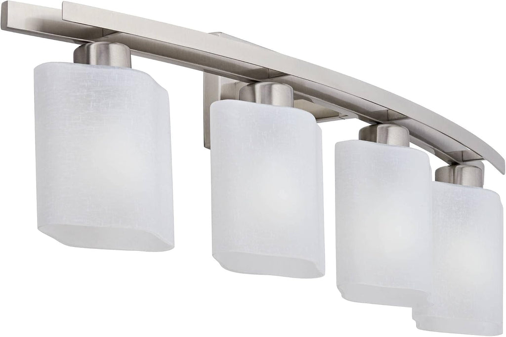 Possini Euro Design Modern Wall Mount Light Brushed Nickel Silver Hardwired 32' Wide 4-Light Fixture Curved Frame White Linen Glass Shade for Bedroom Bathroom Vanity Reading Living Room Hallway