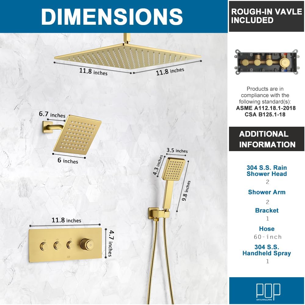 Brushed Gold Shower Faucet Set, Push Button Diverter Shower System, 12 Inch Ceiling Shower Head with 6 Inch Wall Mounted Shower Head and Handle Set, Include Shower Valve and Trim Kit