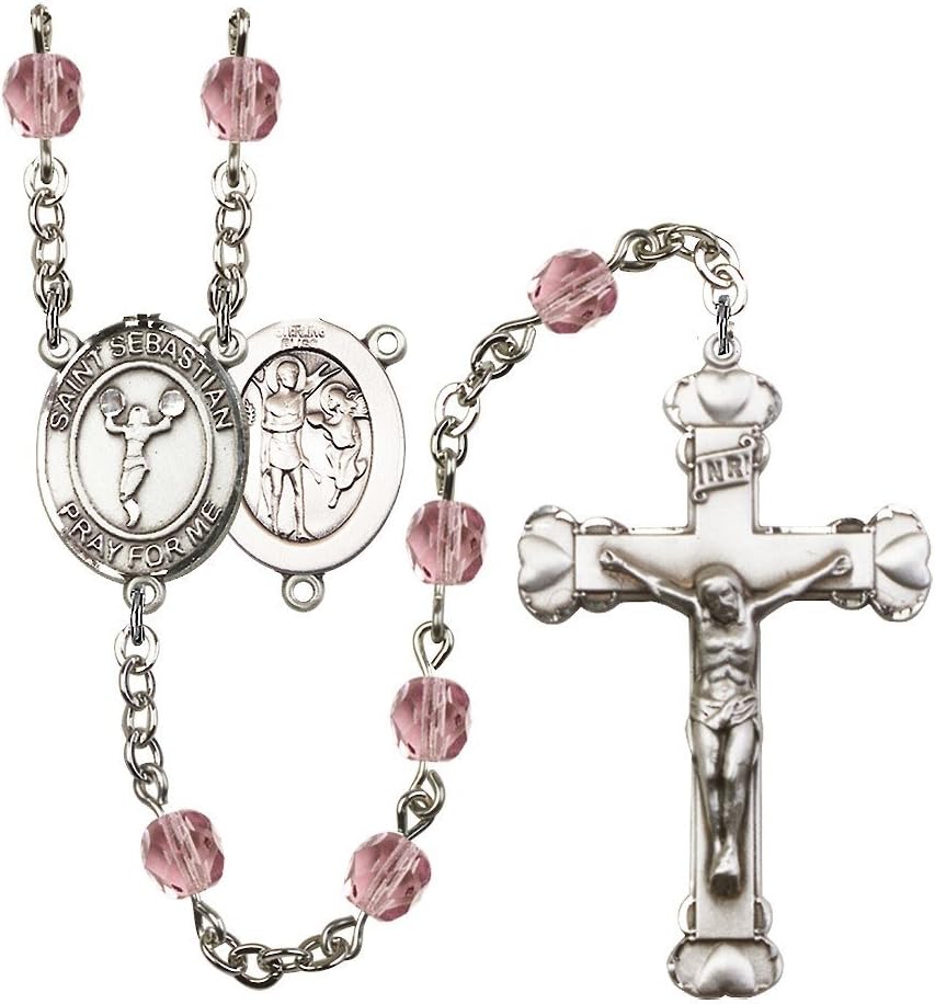 Bonyak Jewelry St. Sebastian/Cheerleading Silver-Plated Rosary - Every Birth Month Color and More