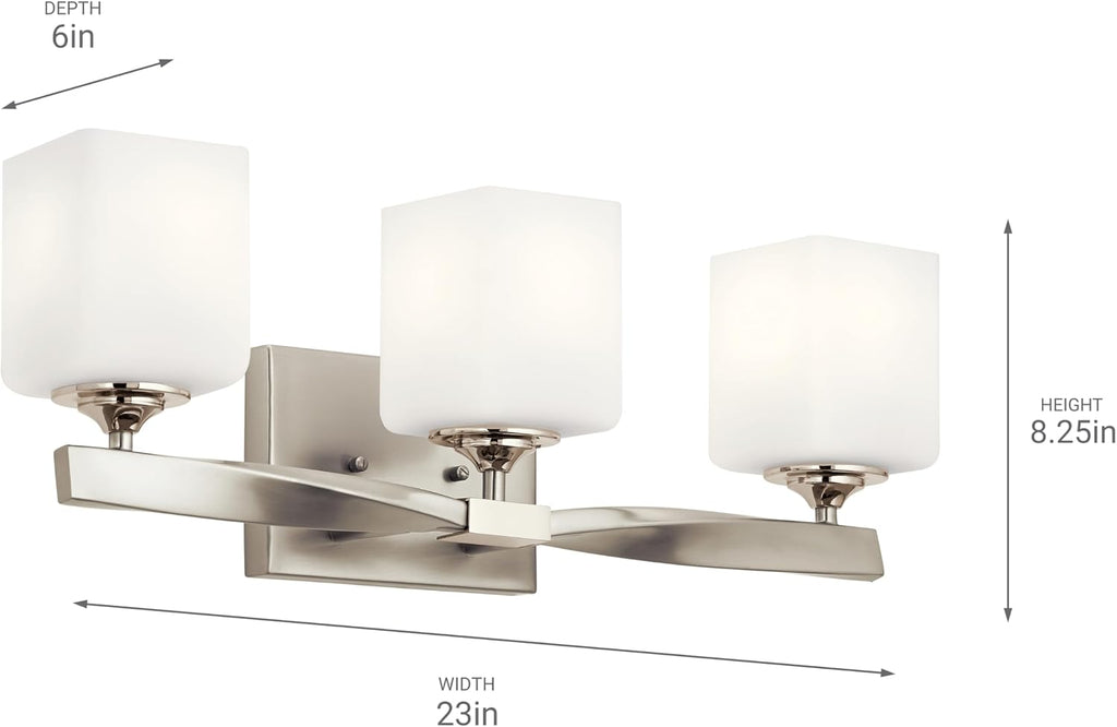 Kichler Marette 22.75' Vanity Light in Brushed Nickel, 3-Light Modern Bathroom Light with Satin Etched Cased Opal Glass, (22.75' W x 8' H), 55002NI