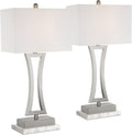 360 Lighting Roxie Modern Table Lamps with White Marble Risers 31' Tall Set of 2 Brushed Nickel Off-White Rectangular Fabric Shade for Bedroom Living Room Bedside Nightstand Home Office