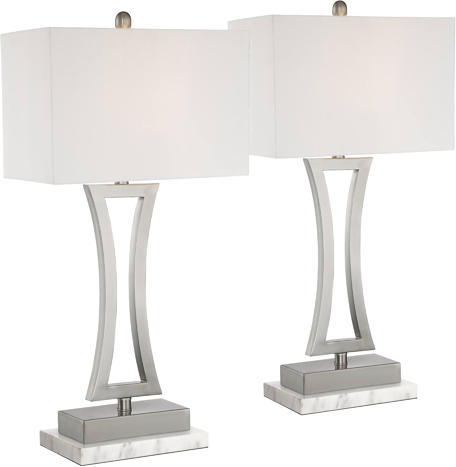 360 Lighting Roxie Modern Table Lamps with White Marble Risers 31' Tall Set of 2 Brushed Nickel Off-White Rectangular Fabric Shade for Bedroom Living Room Bedside Nightstand Home Office