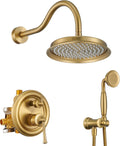 Rain Shower Head with Handheld Spray, Rainfall Shower System with Rough-in Valve, Luxury Shower Trim Kit Wall Mount, Brushed Gold