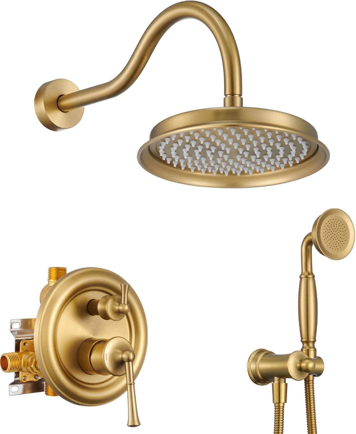 Rain Shower Head with Handheld Spray, Rainfall Shower System with Rough-in Valve, Luxury Shower Trim Kit Wall Mount, Brushed Gold