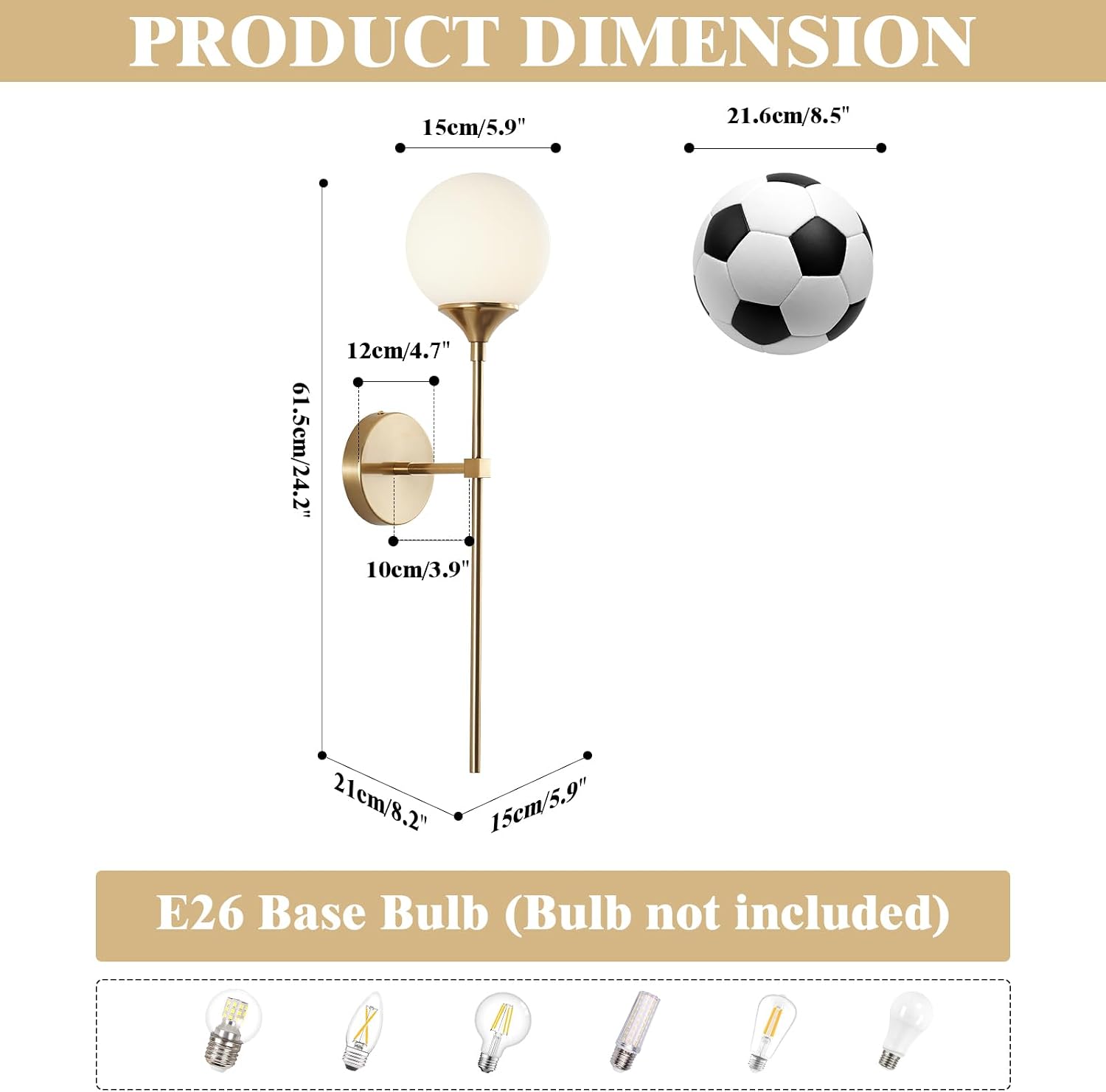 KCO Mid-Century Modern Wall Mounted Sconces Set of 2 Brushed Gold Globe Vanity Light Fixture Long Arm Industrial Bathroom Lighting Fixtures Over Mirror (White)