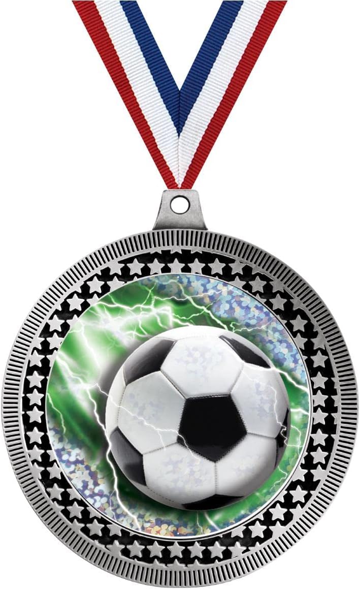 Crown Awards 2.75' Soccer Glitz Medal Award, Silver Vega Soccer Glitz Team Trophy Award Includes Free Neck Ribbon
