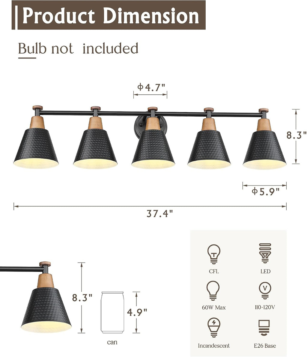 FEMILA 37.4' Black Vanity Light, Black Bathroom Light Fixture, Bathroom Lighting Fixtures Over Mirror with Matte Black Finish, 4FG59B-5W BK