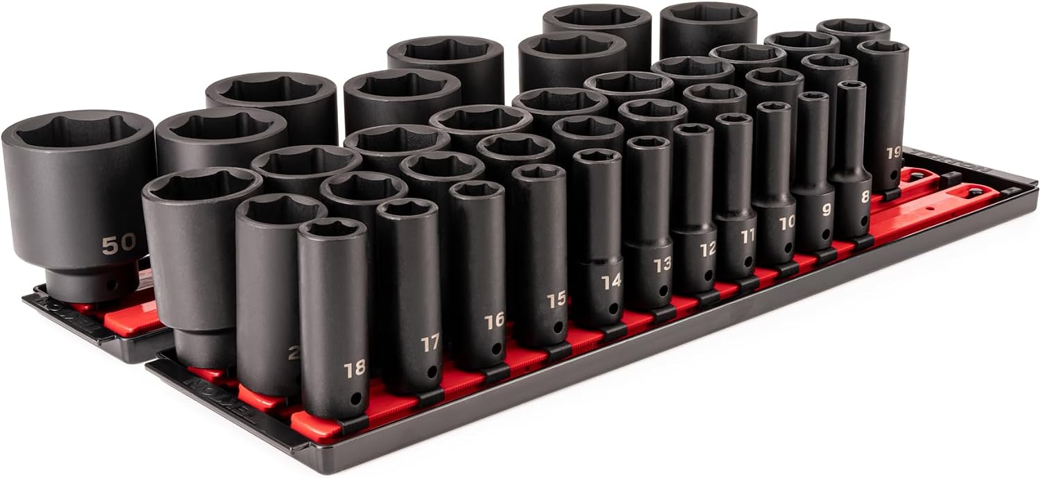 TEKTON 1/2 Inch Drive Deep 6-Point Impact Socket Set with Rails and Tray, 39-Piece (8-50 mm) | SID92113