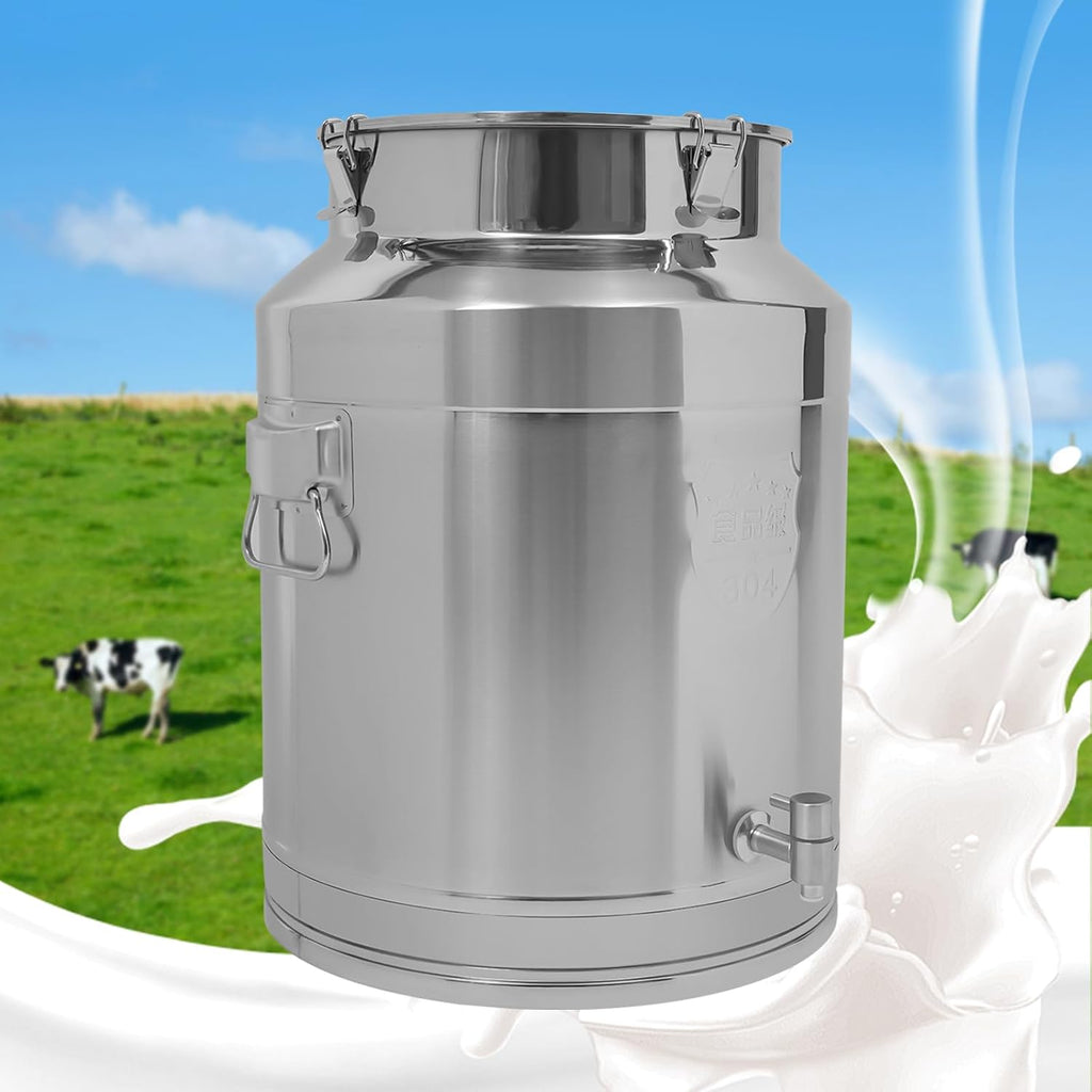 Milk Can with Spigot, 304 Stainless Steel Milk Dispenser Container Pail, 17Gal Stainless Steel Water Jug 64L Hanging Lid Bucket Drink Beverage Dispenser for Oil Tea Wine