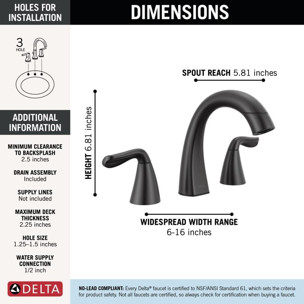 Delta Arvo Matte Black Bathroom Faucet with Sprayer, 8 Inch 3 Hole Widespread Bathroom Sink Faucet with Pull Out Sprayer, Push-Pop Drain, Matte Black 35840LF-BLPD