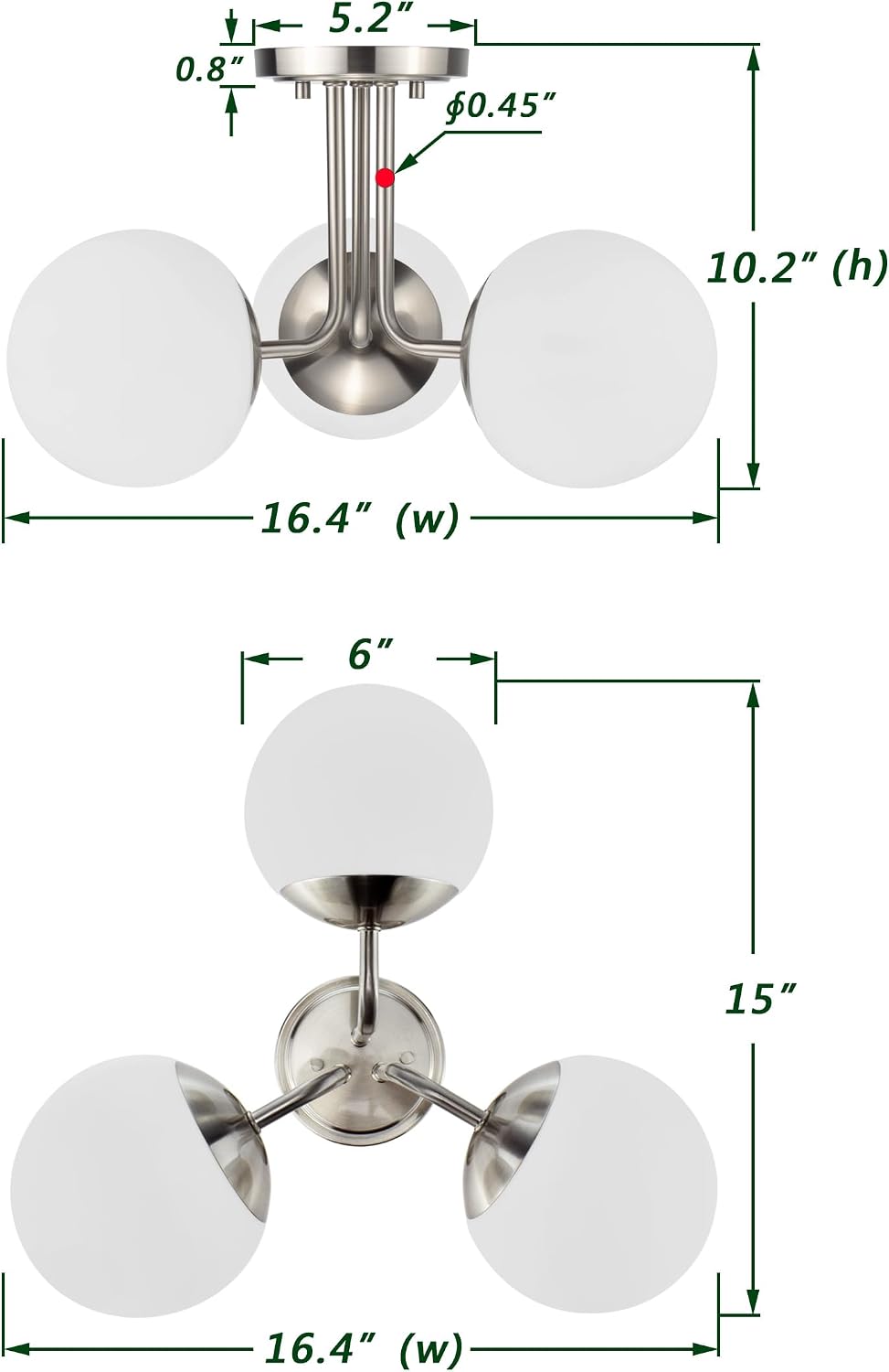 3 Light Semi Flush Mount Ceiling Light Fixture Brushed Nickel, Modern Globe Chandelier, Sputnik Farmhouse Lighting for Kitchen Bedroom Bathroom Living Room Corridor Laundry Room Bar …