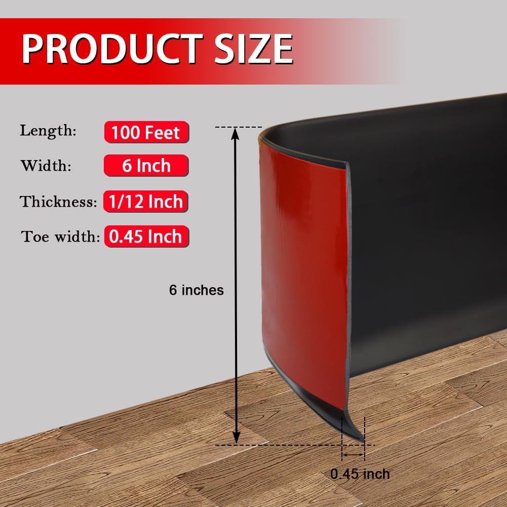 Vinyl Wall Base Baseboard Molding Trim 6' Flexible Self Adhesive Rubber Wall Base Moulding Trim Peel and Stick Design, 6 Inch x 100 Feet, Black