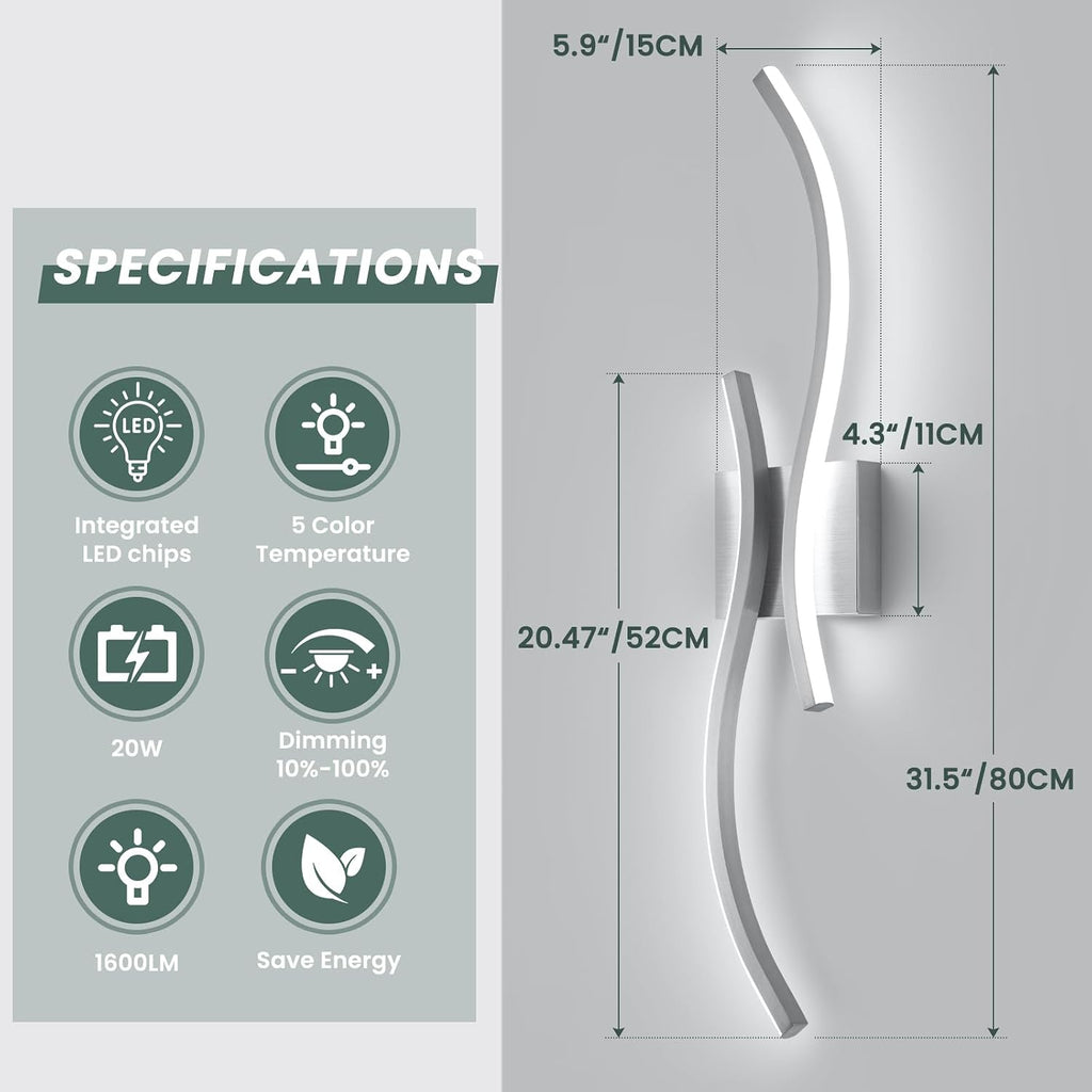 CANEOE Modern Wall Sconces Set of 2,5CCT Wall Lights(Brushed Nickel,31.5in) | Brushed Nickel Wall Sconce with Night Light Mode, ETL Listed, 1600LM, Vertical or Horizontal Mounting