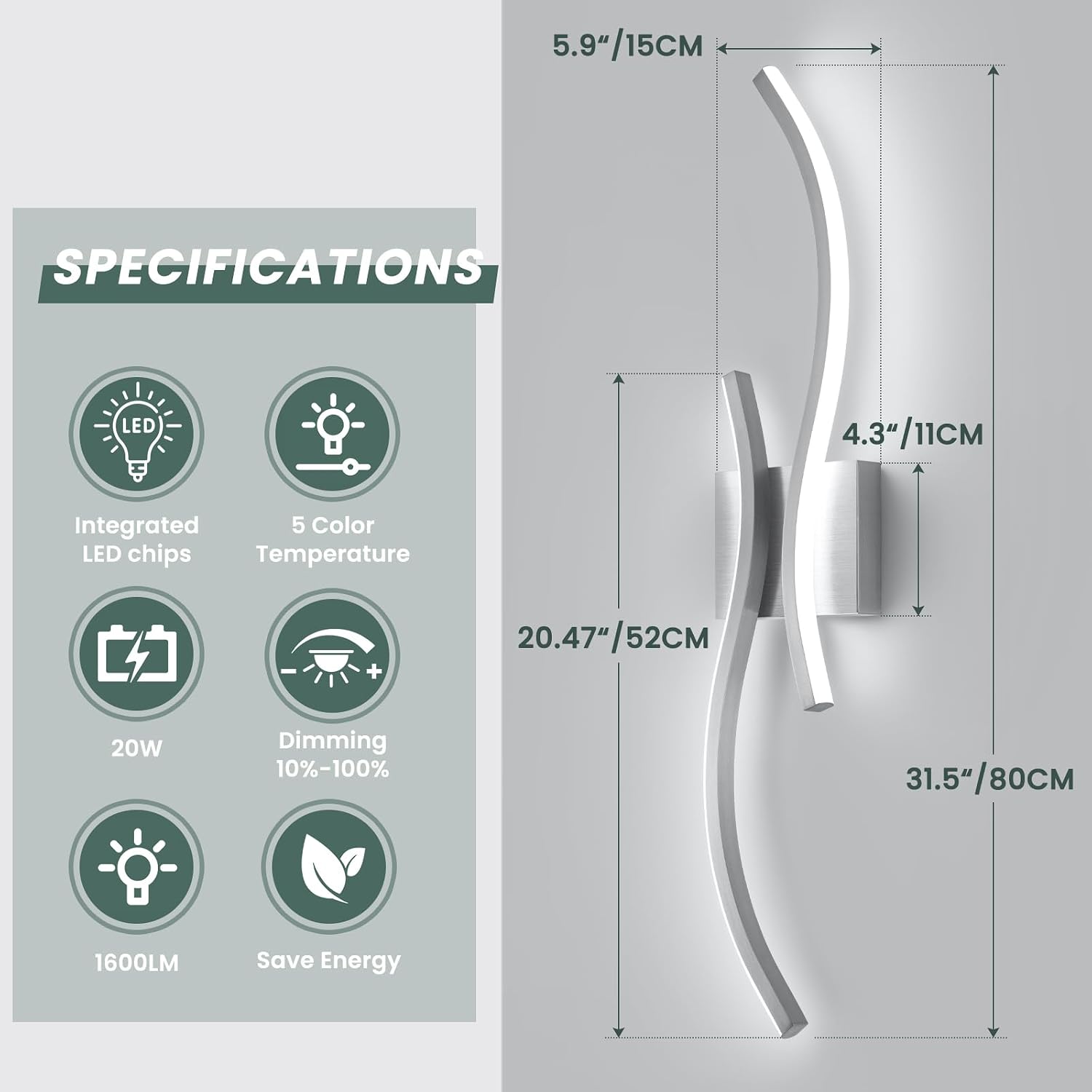 CANEOE Modern Wall Sconces Set of 2,5CCT Wall Lights(Brushed Nickel,31.5in) | Brushed Nickel Wall Sconce with Night Light Mode, ETL Listed, 1600LM, Vertical or Horizontal Mounting