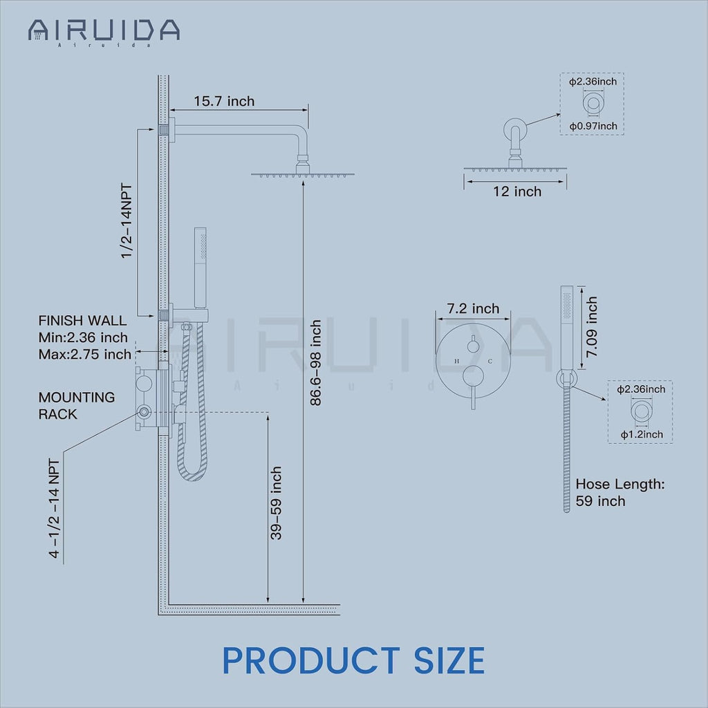 Airuida Shower Faucet Set, Bathtub Faucet Set with 12 Inch Rain Shower Head and Valve,2 Functions Tub Shower Faucet Set for Bathroom-Matte Black