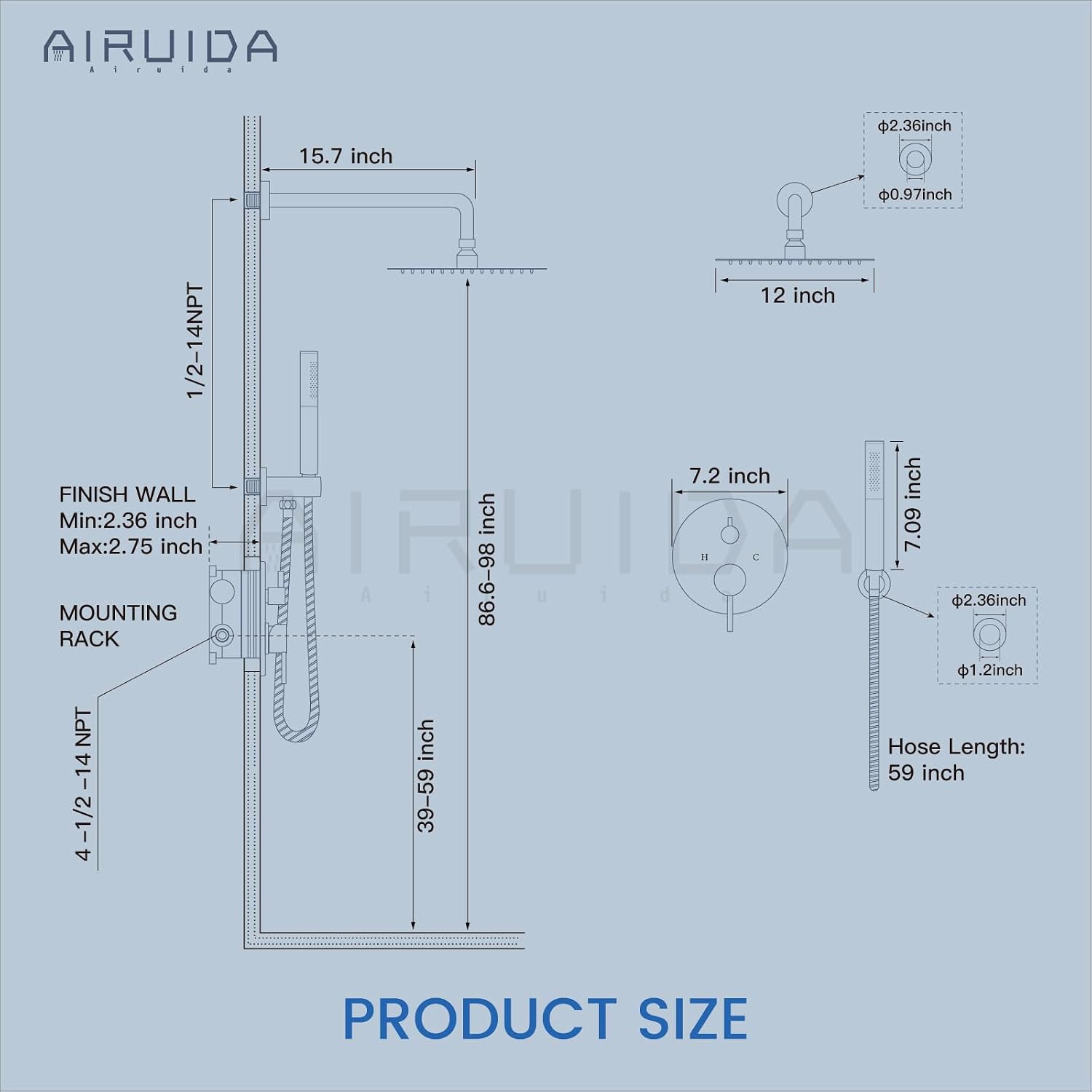 Airuida Shower Faucet Set, Bathtub Faucet Set with 12 Inch Rain Shower Head and Valve,2 Functions Tub Shower Faucet Set for Bathroom-Matte Black