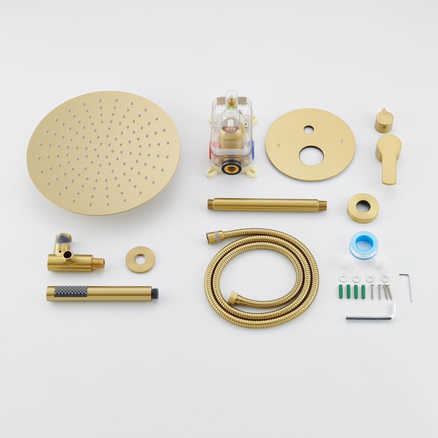 Iriber Brushed Gold Ceiling Mount Round Rain Shower System with 12 Inch Shower Head and Handheld Bathroom Golden Shower Set Contain Shower Faucet Mixer Trim Kit (Valve Included)