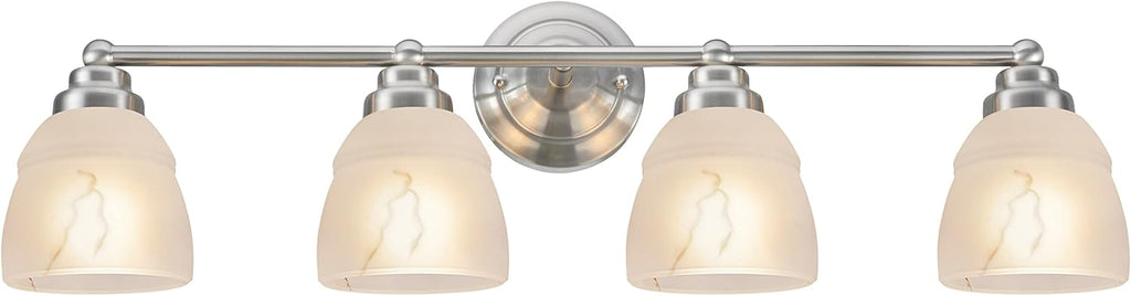 Aspen Creative Satin Nickel 62193-1, Four Metal Bathroom Vanity Wall Light Fixture, 4 3/4' Wide, Transitional Design Faux Alabaster Glass Shade