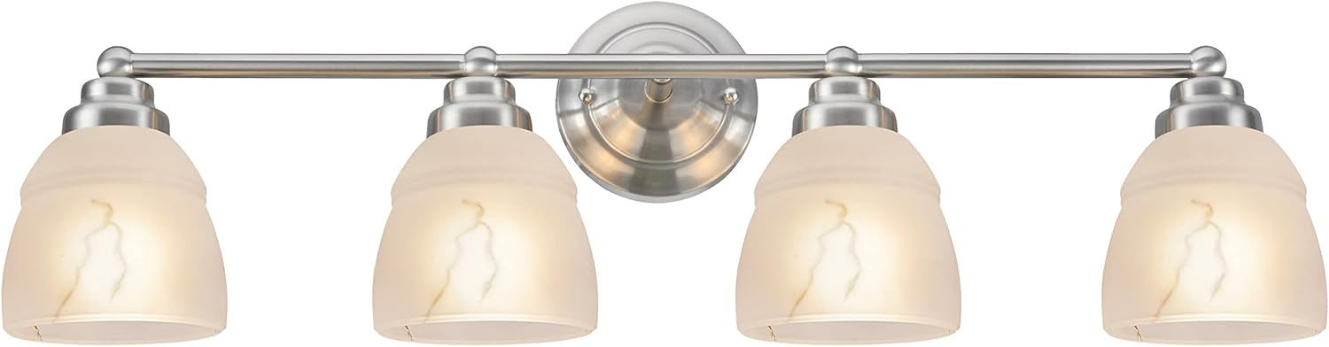 Aspen Creative Satin Nickel 62193-1, Four Metal Bathroom Vanity Wall Light Fixture, 4 3/4' Wide, Transitional Design Faux Alabaster Glass Shade