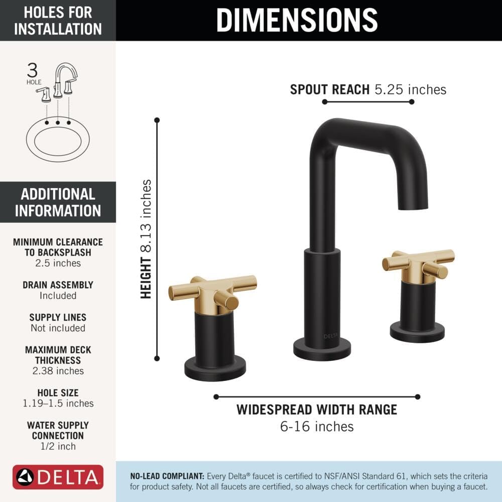 Delta Nicoli Matte Black/ Brushed Gold Bathroom Faucet 3 Hole, 8 Inch Widespread Bathroom Sink Faucet for Vanity, Push-Pop Drain Assembly, Matte Black/ Champagne Bronze 35894LF-GZ