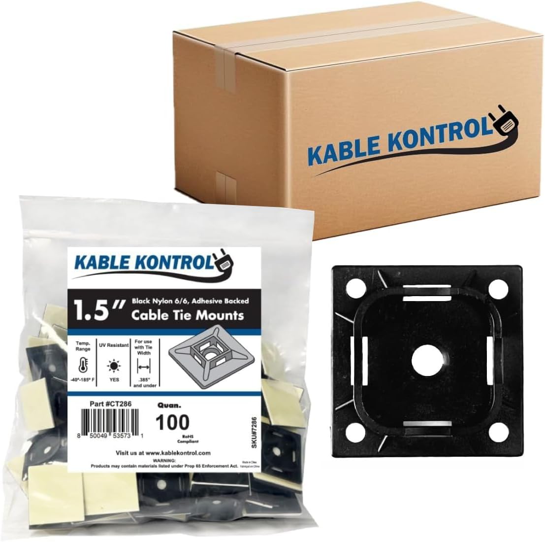 Kable Kontrol Zip Tie Mounts, 1-1/2' Sq, Black, 2500 Pcs Bulk Pack, Adhesive Backed Multi-Purpose UV-Resistant Mounting Squares Nylon Cable Tie Wrap Anchor Pads for Cable Management