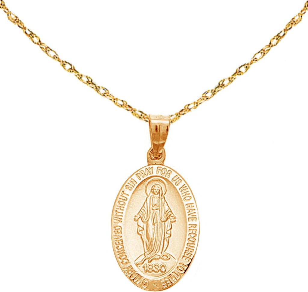 Ritastephens 14k Yellow,White or Rose Gold Small Miraculous Virgin Mary Medal Charm Pendant Necklace (18 Inches, No Chain)