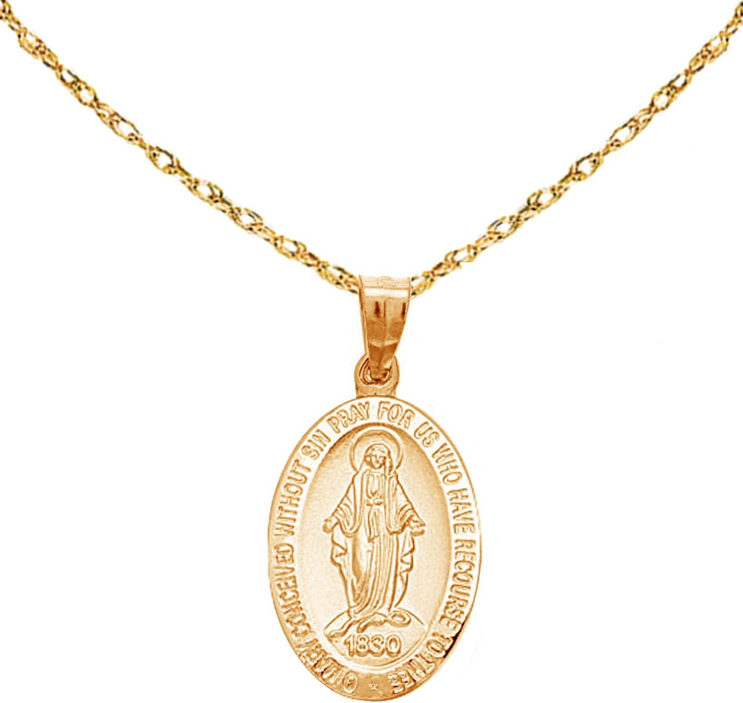 Ritastephens 14k Yellow,White or Rose Gold Small Miraculous Virgin Mary Medal Charm Pendant Necklace (18 Inches, No Chain)