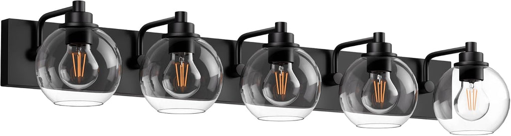 5 Light Bathroom Light Fixtures-Matte Black Bathroom Vanity Lights, Modern Vanity Lights 5-Light Bathroom Lighting Fixtures Over Mirror with Clear Glass Globe Shade