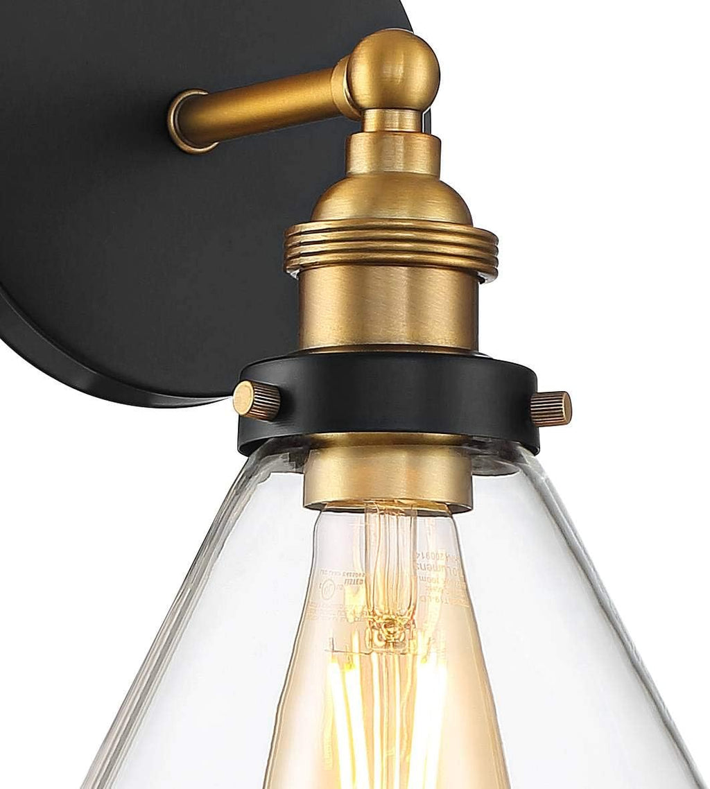 360 Lighting Burke Modern Industrial Wall Light Sconces Set of 2 Black and Brass Hardwire 7 1/4' Fixture Clear Glass Cone Shade for Bedroom Bathroom Bedside Vanity Living Room Home Hallway