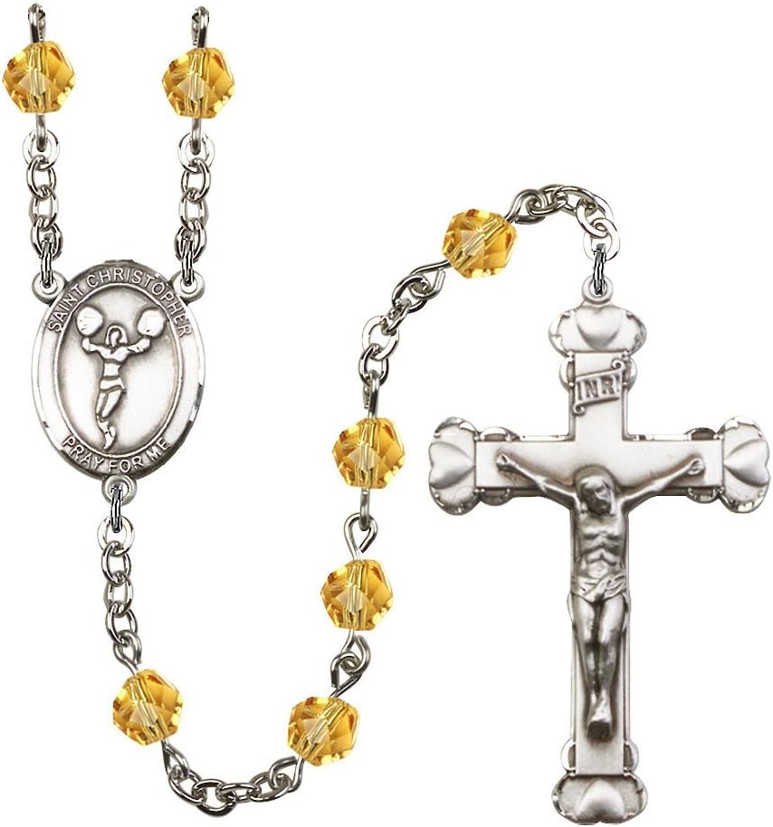 Bonyak Jewelry St. Christopher/Cheerleading Silver-Plated Rosary - Every Birth Month Color and More